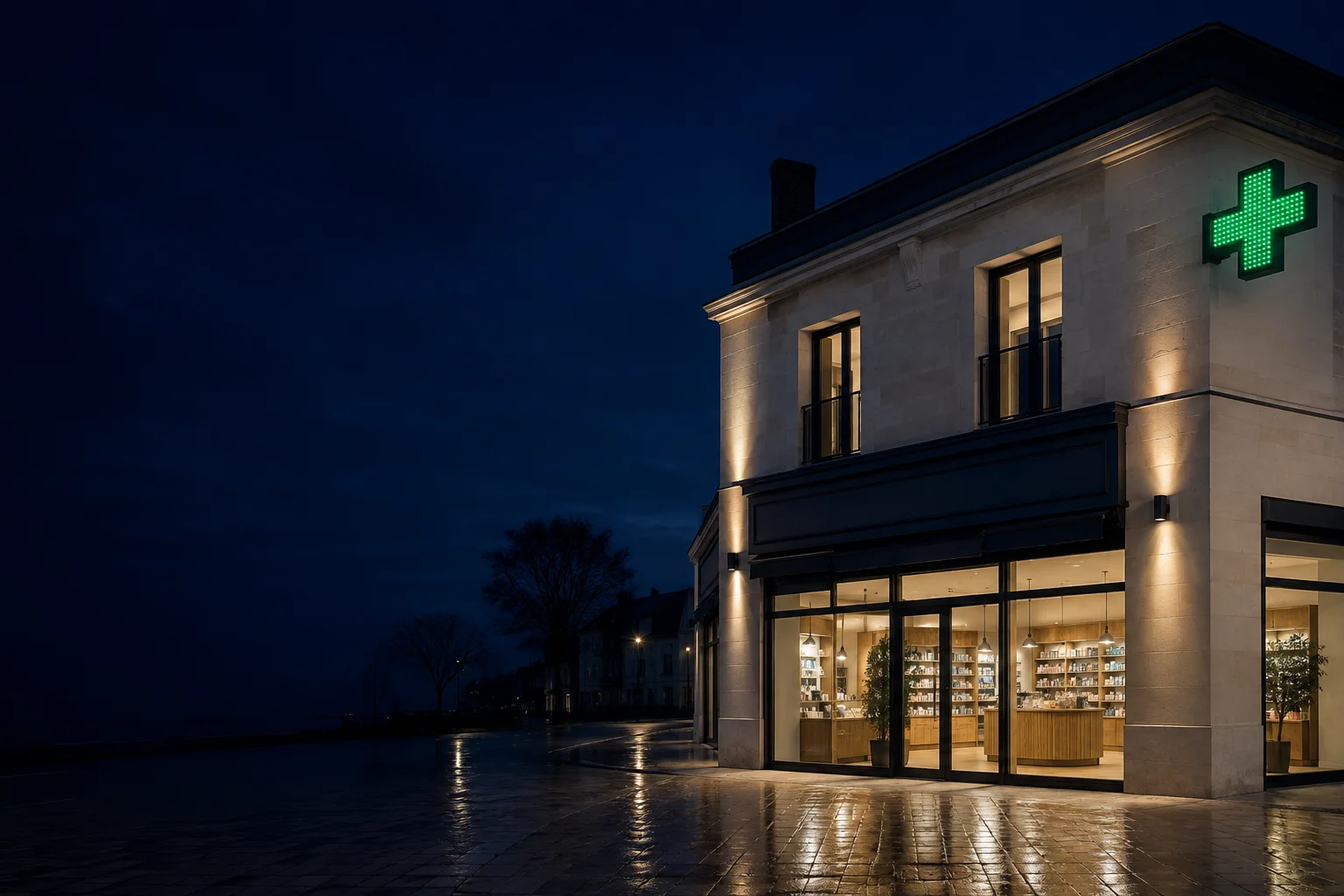 Une officine contemporaine à la tombée de la nuit